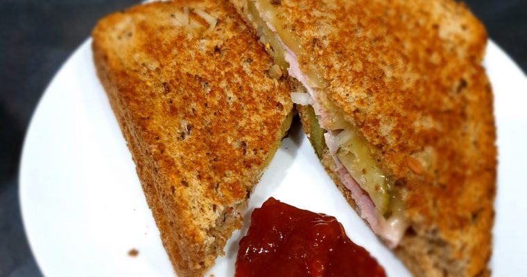 GRILLED HAM AND CHEESE SANDWICH WITH WHOLE GRAIN MUSTARD