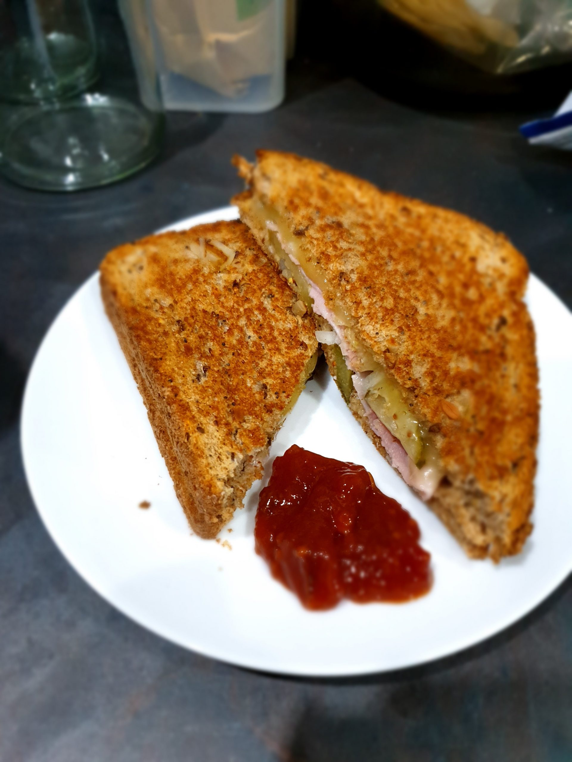 GRILLED HAM AND CHEESE SANDWICH WITH WHOLE GRAIN MUSTARD