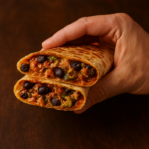 A hand holding a spicy tuna and black bean quesadilla wrap with melted cheese, against a rustic wooden background.