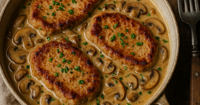 One pan pork steaks in a creamy mushroom sauce