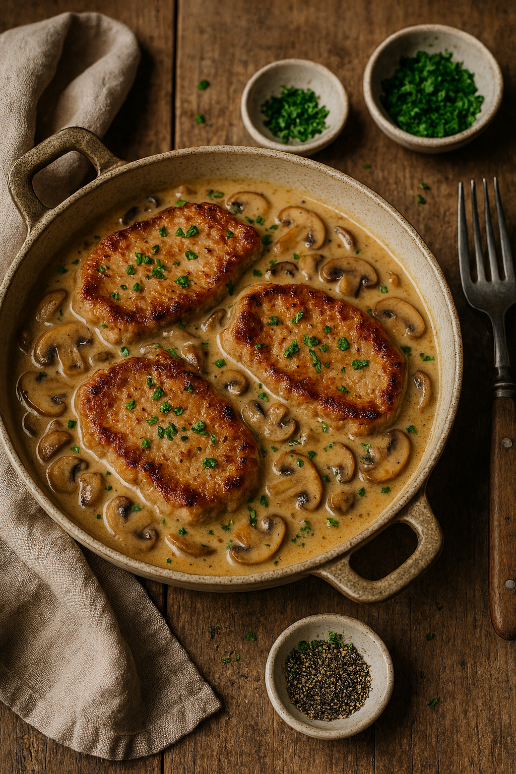 One pan pork steaks in a creamy mushroom sauce